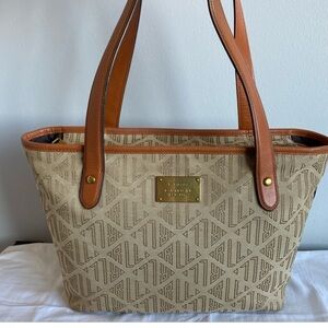 RALPH LAUREN Preppy Monogram Tote Shoulder Bag Shopper Purse Tan
